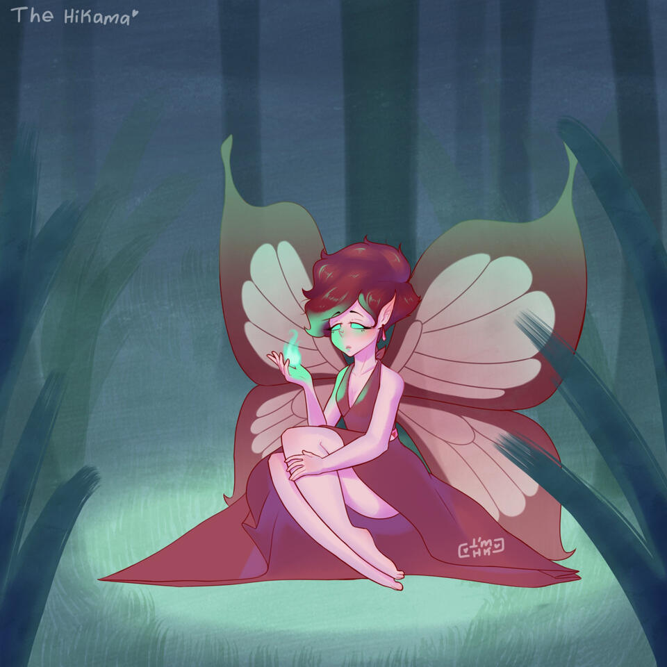 Dark night, Red fairy. Full body